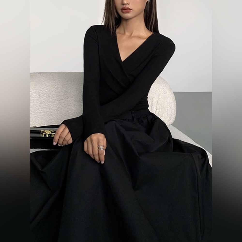 COMMENSE V-Neck Double Pockets Long Sleeve Long Dress - size small, medium - Picture 4 of 8